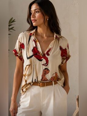 Padova Colombian Floral Cream Geometric Blouse Size Medium Made in Colombia
